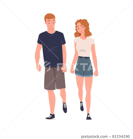 Walking Man and Woman Character Strolling in the Street and Smiling Vector Illustration Walking Man and Woman Character Strolling in the Street and Smiling Vector Illustration 91334290