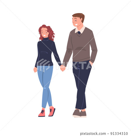 Walking Man and Woman Character Holding Hands Strolling in the Street and Smiling Vector Illustration Walking Man and Woman Character Holding Hands Strolling in the Street and Smiling Vector Illustration 91334310