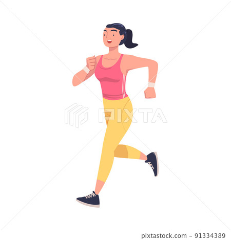 Woman Character Running in Sportswear and Trainers Engaged in Sport Training and Workout Vector Illustration 91334389