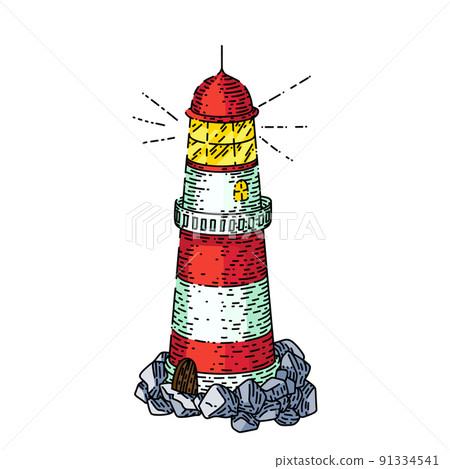 lighthouse sea sketch hand drawn vector - Stock Illustration [91334541 ...