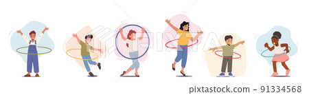 Set of Children Exercising with Hula Hoop, Little Male or Female Characters Rolling Rings on Waist. Recreation, Activity Set of Children Exercising with Hula Hoop, Little Male or Female Characters Rolling Rings on Waist. Recreation, Activity 91334568