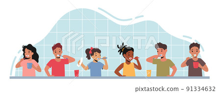 Children Dental Care, Oral Hygiene in Bathroom. Happy Kid Characters Brush Teeth Stand in Row. Kids with Toothbrush 91334632