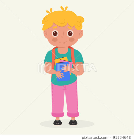 School kid with school supplies. Kid with backpack and book. Colorful cartoon character. Flat vector illustration. School kid with school supplies. Kid with backpack and book. Colorful cartoon character. Flat vector illustration. 91334648