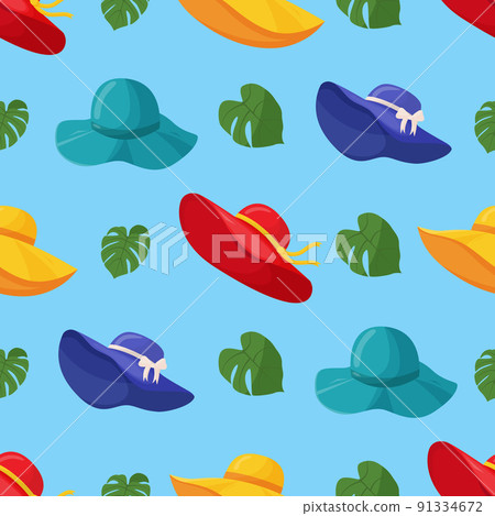 Bbeautiful women's summer hats seamless pattern. Stylish summer female headwear. A fashion accessory for a vacation at sea in hot countries. Flat vector illustration. 91334672