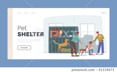 Pet Shelter Landing Page Template. Dad with Kids Visit Adoption Center for Stray or Homeless Animals Vector Illustration Pet Shelter Landing Page Template. Dad with Kids Visit Adoption Center for Stray or Homeless Animals Vector Illustration 91334673