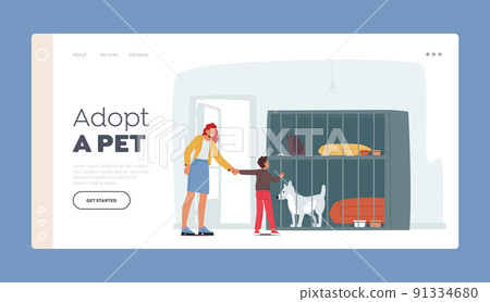 Adoption Center for Stray and Homeless Dogs Landing Page Template. Smiling Young Woman with Son Adopt Pet from Shelter Adoption Center for Stray and Homeless Dogs Landing Page Template. Smiling Young Woman with Son Adopt Pet from Shelter 91334680