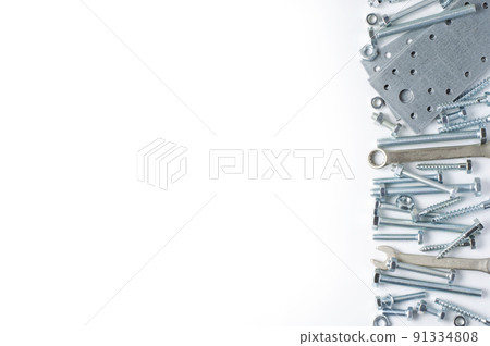 Repair tool. Bolts and wrenches. White background. Copy space Repair tool. Bolts and wrenches. White background. Copy space 91334808