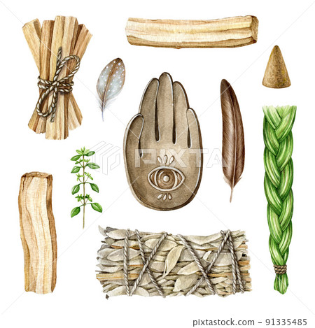 Incense spiritual aroma watercolor set illustration. Ceramic incense burner, palo santo stick, white sage bunch, feather, sweetgrass. Elements for relax, healing, meditation. Spiritual practice set 91335485
