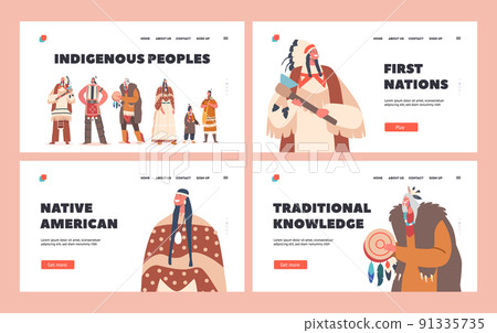Indigenous People Landing Page Template Set. Indian American Characters Warrior, Men, Women and Children with Shaman 91335735