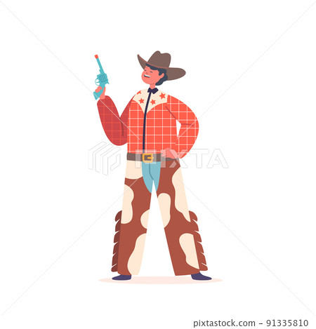 Little Cowboy Kid Wear Traditional Wild West Costume Cow Skin Pants, Checked Shirt and Hat, Boy Western Personage 91335810