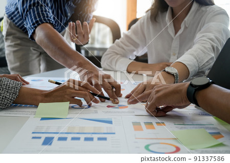 Group of young asian creative business brain storm meeting presentation,discussing roadmap to product launch, planning,strategy,new business development,working with new startup project in office 91337586