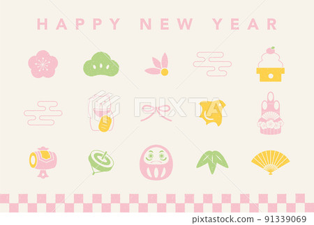 Hanko-style lucky charm icon background illustration for New Year's cards 91339069