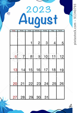 August planner calendar 2023 year. English vector vertical calendar template. Minimalistic design. Week starts on Sunday. 91340793