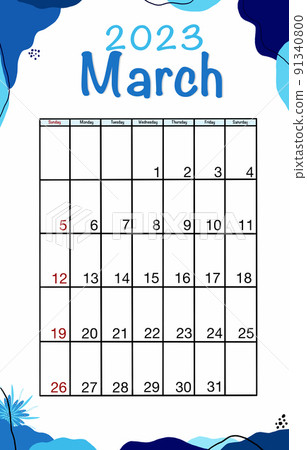 March planner calendar 2023 year. English vector vertical calendar template. Minimalistic design. Week starts on Sunday. 91340800