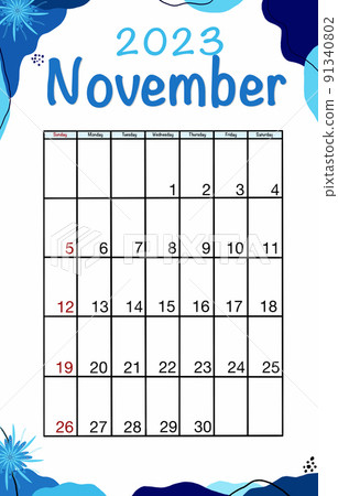 November planner calendar 2023 year. English vector vertical calendar template. Minimalistic design. Week starts on Sunday. 91340802