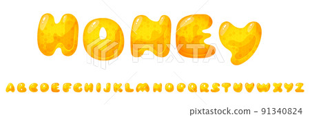 Honey sweet font. Liquid honey cartoon alphabet, Yellow honeycomb vector font. 91340824