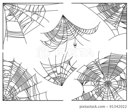 Spider web parts isolated on white background. Scary cobweb outline decor. Vector design elements for Halloween, horror, ghost or monster party, invitation and posters. 91342022