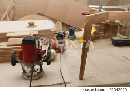 Joiner workplace. Carpentry woodworking tools. 91342613