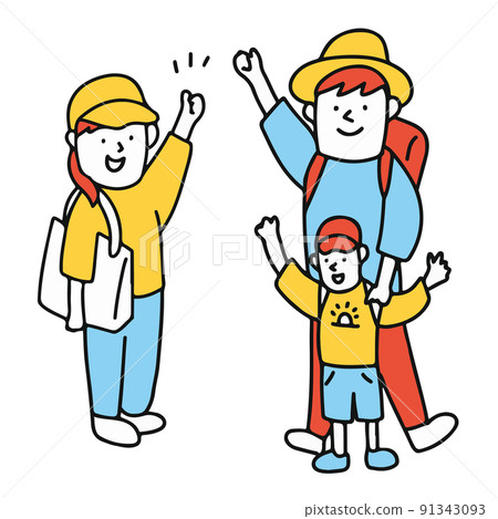 Illustration of a family of three wearing a hat and going on a holiday Illustration of a family of three wearing a hat and going on a holiday 91343093
