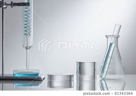 Product research and production of centella asiatica in a laboratory with medical devices on a white background. Blank label bottles for design 91343364