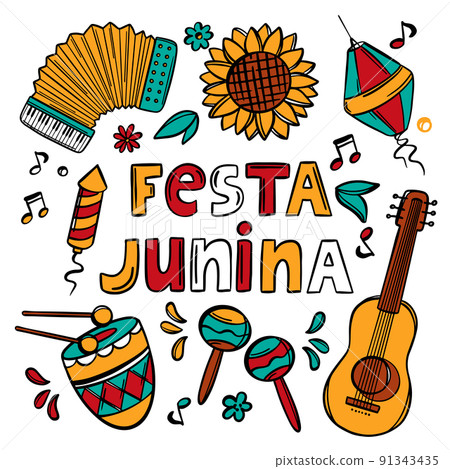 FESTA JUNINA SYMBOL June Festival Catholic Tradition Brazil Carnival Holiday Lettering With Music Instruments On Purple Background Vector Illustration For Print 91343435