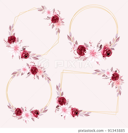 Watercolor burgundy floral frame with geometric shape Watercolor burgundy floral frame with geometric shape 91343885