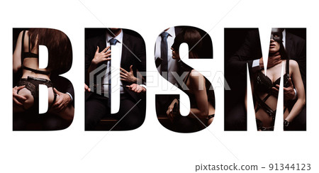 BDSM inscription on background of a sexy submissive girl and dominant man with a whip and handcuffs. Concept collage of erotic role-playing games BDSM inscription on background of a sexy submissive girl and dominant man with a whip and handcuffs. Concept collage of erotic role-playing games 91344123