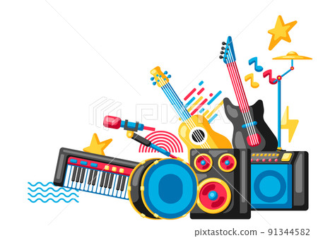 Background with musical instruments. Music party illustration. 91344582