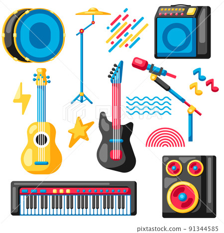 Set of musical instruments. Music party illustration. Set of musical instruments. Music party illustration. 91344585