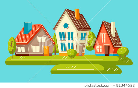Background with cute houses and trees. Country cottages illustration. Background with cute houses and trees. Country cottages illustration. 91344588