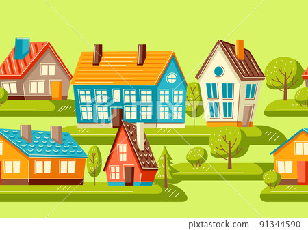 Seamless pattern with cute houses and trees.. Country colorful cottages background. Seamless pattern with cute houses and trees.. Country colorful cottages background. 91344590