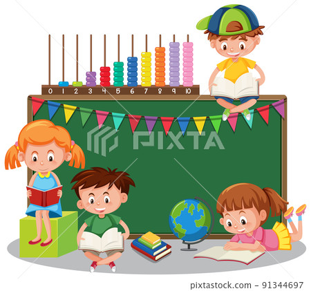 Happy children with blackboard banner 91344697