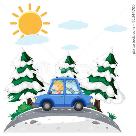 Simple cartoon of man driving a car on the road 91344700