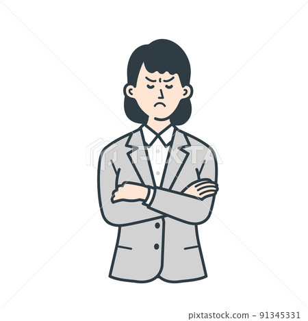 Illustration of a young female businessman who gets angry with her arms folded 91345331