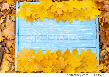 Autumn leaves frame on wooden background top view Fall Border yellow and Orange Leaves vintage wood table Copy space for text. Autumn leaves frame on wooden background top view Fall Border yellow and Orange Leaves vintage wood table Copy space for text. 91345769