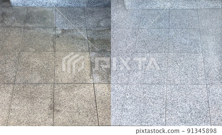 Before and after, cleaning on an old external natural white granite floor Before and after, cleaning on an old external natural white granite floor 91345898