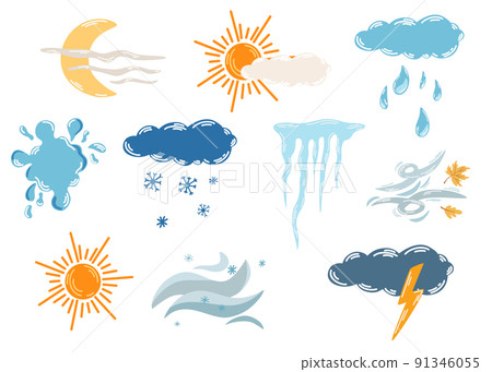 Weather set. Cute hand drawn sun and clouds, rain or snow, lightning, moon, thunderstorm, storm and wind. Symbols of forecast weather. Meteorological infographics signs. Vector illustration Weather set. Cute hand drawn sun and clouds, rain or snow, lightning, moon, thunderstorm, storm and wind. Symbols of forecast weather. Meteorological infographics signs. Vector illustration 91346055