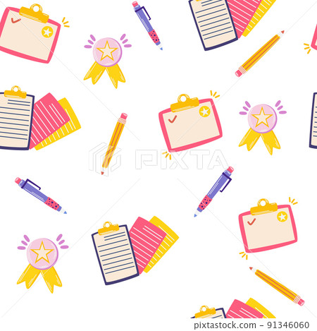 Office supplies seamless pattern. Folders, documents, magnifier, pen, pencil and icons. Learning school supplies. Textile, scrapbook, wallpaper. Vector cartoon illustration 91346060