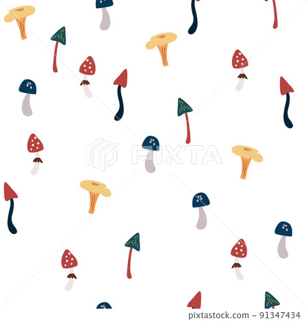Mushrooms seamless pattern. Forest plants elements. Wild botanical set. Scandinavian style. Vector background for fabric, textile, apparel, wallpaper. 91347434