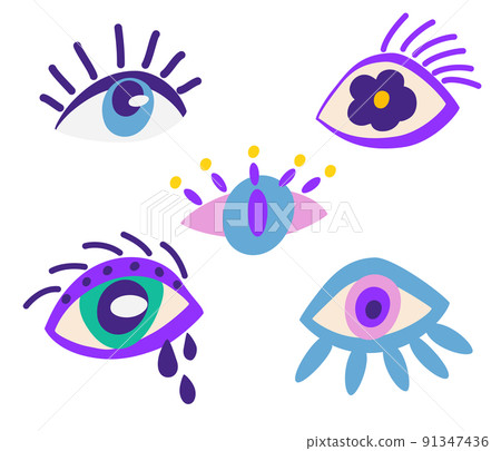 Eyes set. collection of evil, Ra, Turkish, Greek and esoteric eyes of different shapes, highlighted on a white background. Colorful elements of clairvoyance. Vector catroon illustration.  91347436