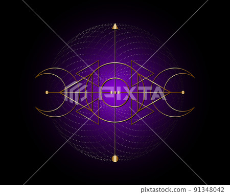 Magic Triple Moon. Gold symbol of the Viking deity, Celtic Sacred Geometry, Wiccan logo, alchemy esoteric triangles. Spiritual occultism object vector illustration isolated on black purple background Magic Triple Moon. Gold symbol of the Viking deity, Celtic Sacred Geometry, Wiccan logo, alchemy esoteric triangles. Spiritual occultism object vector illustration isolated on black purple background 91348042