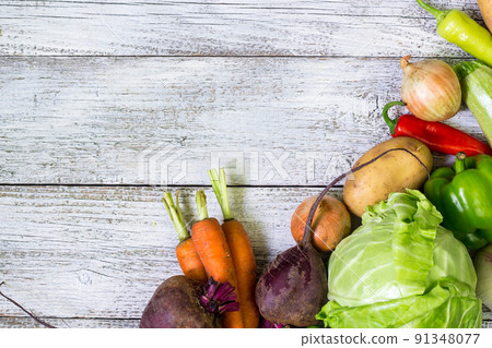 Fresh farmers market vegetables from above with copy space 91348077
