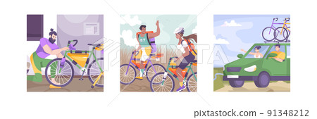Three Flat Bike Tourism Illustration Set Three Flat Bike Tourism Illustration Set 91348212