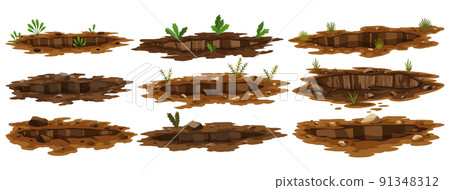 Set of ground holes. Entrances underground, big cracks or ruin. Dirty, dark entrances, detailed drawing in cartoon style. Deep pits with grass and stones. Cartoon dens of wild animal 91348312