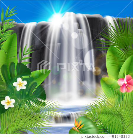 Tropical Waterfall Realistic Background Tropical Waterfall Realistic Background 91348353