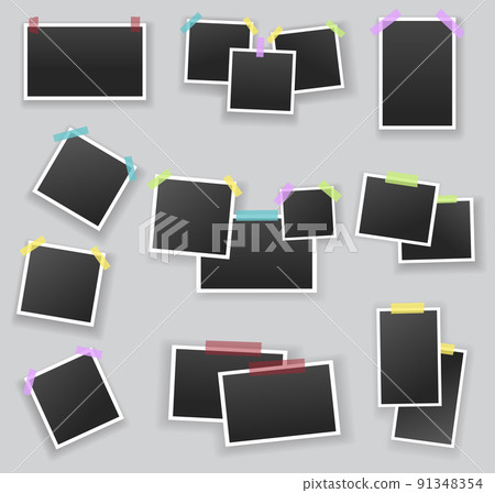 Blank photo frames hanging on adhesive tape. Vintage mockups template for memory album or scrapbook. Retro pictures with white boarders and shadows Blank photo frames hanging on adhesive tape. Vintage mockups template for memory album or scrapbook. Retro pictures with white boarders and shadows 91348354