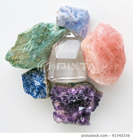 Closeup of crystals and gemstones on a white background 91348356