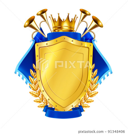 Golden Shield With Horns And Pennants Golden Shield With Horns And Pennants 91348406