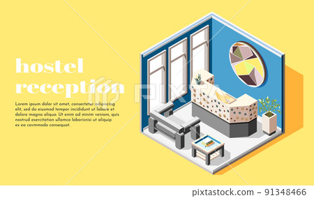 Hostel Reception Isometric Background 91348466