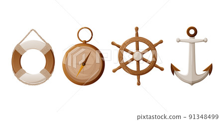 Lifebuoy, rudder, ship steering wheel, compass, anchor, sea elements set, vector illustration 91348499